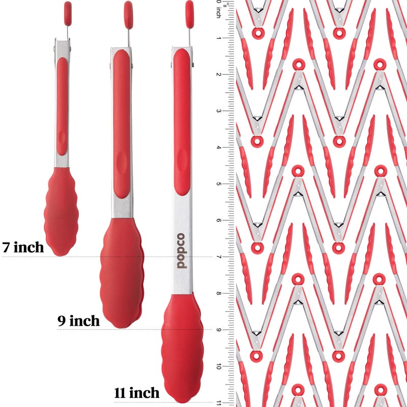 Popco 3-Piece Kitchen Tongs Set â€“ Stainless Steel Heat Resistant Silicone Tips, Strong Comfort Grip, 3 Sizes (7, 9, 12 Inch), Non-Scratch, Dishwasher Safe, for Cooking, BBQ, Salad - Image 2